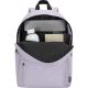 Sac à dos mauve ouvert, montrant un compartiment principal contenant une gourde, un carnet et un ordinateur portable ; aucune pe Sac à dos mauve ouvert, montrant un compartiment principal contenant une gourde, un carnet et un ordinateur portable ; aucune pe