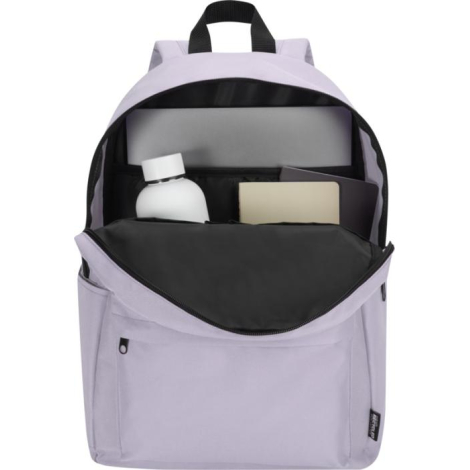 Sac à dos mauve ouvert, montrant un compartiment principal contenant une gourde, un carnet et un ordinateur portable ; aucune pe Sac à dos mauve ouvert, montrant un compartiment principal contenant une gourde, un carnet et un ordinateur portable ; aucune pe