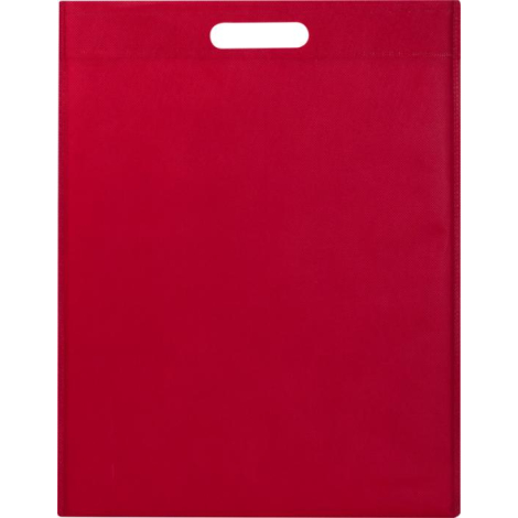 Sac shopping plat rouge avec poignées découpées intégrées, vu de face ; aucune personnalisation apparente. Sac shopping plat rouge avec poignées découpées intégrées, vu de face ; aucune personnalisation apparente.