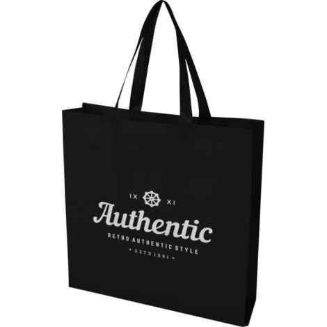 Sac cabas noir à soufflets avec anses longues, présenté de trois-quarts ; marquage visible sur la face avant. Sac cabas noir à soufflets avec anses longues, présenté de trois-quarts ; marquage visible sur la face avant.