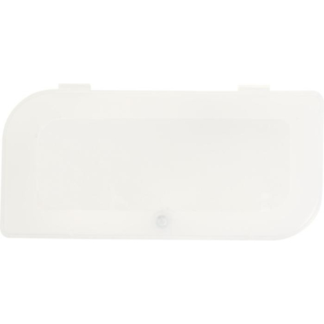 Couvercle rectangulaire translucide présenté de face ; surface lisse et opaline, zone de marquage identifiable sur le couvercle. Couvercle rectangulaire translucide présenté de face ; surface lisse et opaline, zone de marquage identifiable sur le couvercle.