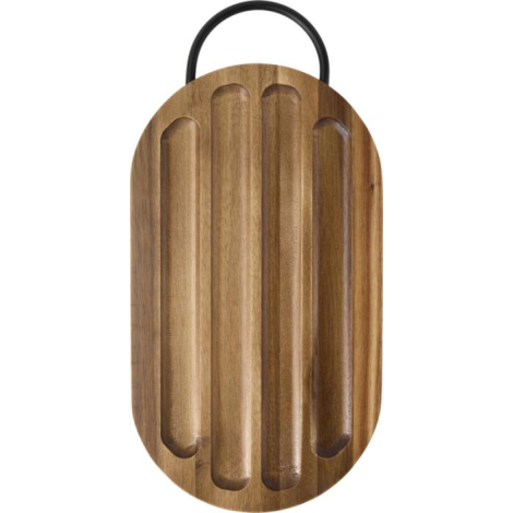 Planche à découper ovale en acacia, vue du dessus, avec rainures longitudinales et poignée noire arrondie ; aucune personnalisat Planche à découper ovale en acacia, vue du dessus, avec rainures longitudinales et poignée noire arrondie ; aucune personnalisat