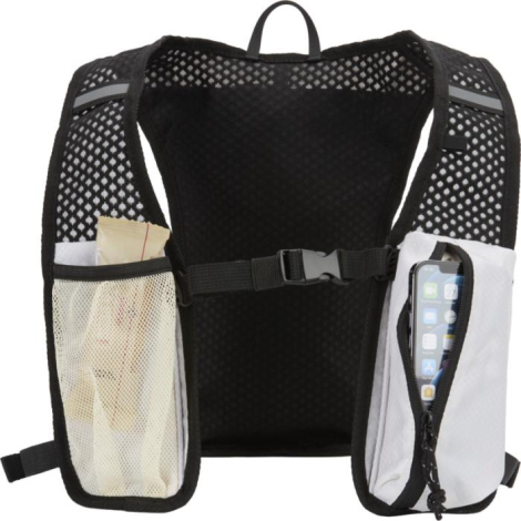 Vue arrière du gilet de course noir avec poches en maille contenant des accessoires et un téléphone ; aucune personnalisation ap Vue arrière du gilet de course noir avec poches en maille contenant des accessoires et un téléphone ; aucune personnalisation ap