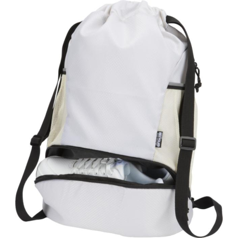 Sac de sport blanc à cordon, compartiment inférieur ouvert laissant apparaître une paire de chaussures ; aucune personnalisation Sac de sport blanc à cordon, compartiment inférieur ouvert laissant apparaître une paire de chaussures ; aucune personnalisation
