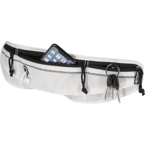 Ceinture de course blanche avec poches zippées contenant un téléphone, des écouteurs et des clés ; aucune personnalisation appar Ceinture de course blanche avec poches zippées contenant un téléphone, des écouteurs et des clés ; aucune personnalisation appar