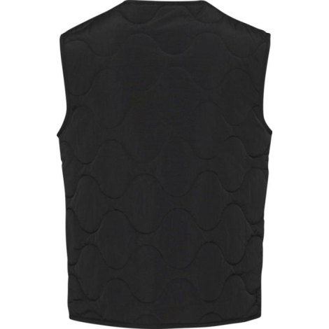 Gilet matelassé noir vu de dos, avec coutures ondulées sur toute la surface ; aucune personnalisation apparente. Gilet matelassé noir vu de dos, avec coutures ondulées sur toute la surface ; aucune personnalisation apparente.