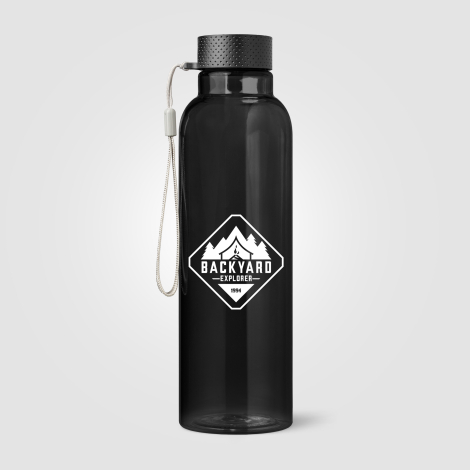 Gourde noire à simple paroi vue de face, marquage visible. Gourde noire à simple paroi vue de face, marquage visible.