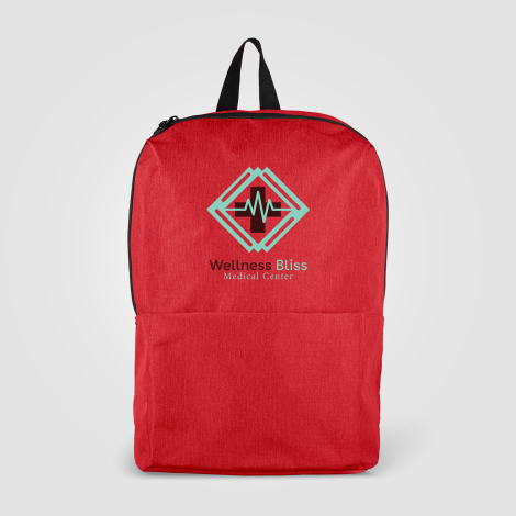 Sac à dos rouge vu de face avec marquage quadri visible. Sac à dos rouge vu de face avec marquage quadri visible.