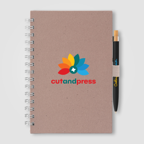 Carnet spirale A5 gris chaud vu de face avec marquage visible. Carnet spirale A5 gris chaud vu de face avec marquage visible.