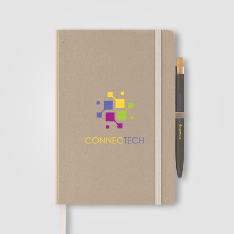 Carnet A5 gris chaud vu de face avec marquage visible. Carnet A5 gris chaud vu de face avec marquage visible.