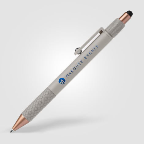 Stylo gris déstressant vu de face avec marquage quadri visible. Stylo gris déstressant vu de face avec marquage quadri visible.