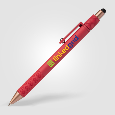 Stylo rouge déstressant vu de face avec marquage quadri visible. Stylo rouge déstressant vu de face avec marquage quadri visible.