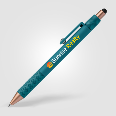 Stylo sarcelle déstressant vu de face avec marquage quadri visible. Stylo sarcelle déstressant vu de face avec marquage quadri visible.