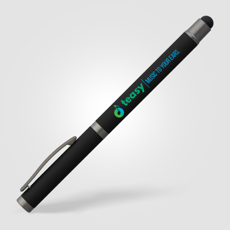 Stylo gel noir vu de face avec marquage quadri visible. Stylo gel noir vu de face avec marquage quadri visible.