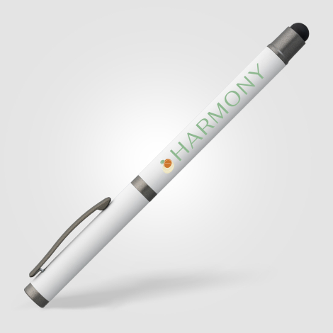 Stylo gel blanc personnalisable vu de face avec marquage quadri visible. Stylo gel blanc personnalisable vu de face avec marquage quadri visible.