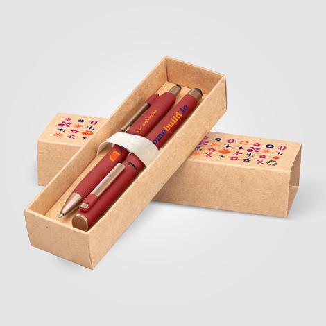 Coffret avec deux stylos rouges et marquage visible sur les stylos et le coffret. Coffret avec deux stylos rouges et marquage visible sur les stylos et le coffret.