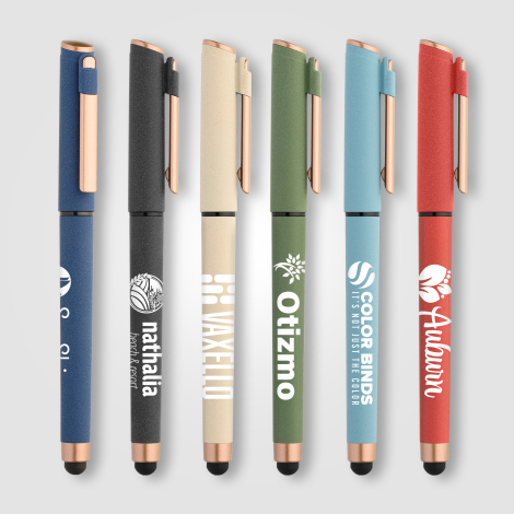 Ensemble de stylos de différentes couleurs avec marquage sérigraphie blanche visible sur le corps.