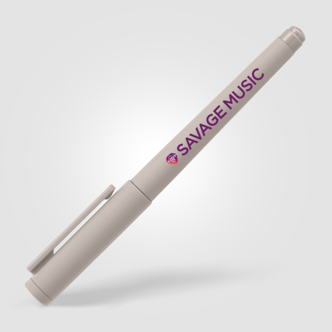 Stylo beige vu de face avec marquage quadri visible sur le corps. Stylo beige vu de face avec marquage quadri visible sur le corps.