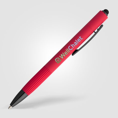 Stylo rouge publicitaire vu de face avec marquage quadri visible. Stylo rouge publicitaire vu de face avec marquage quadri visible.