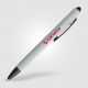 Stylo blanc publicitaire vu de face avec marquage quadri visible. Stylo blanc publicitaire vu de face avec marquage quadri visible.
