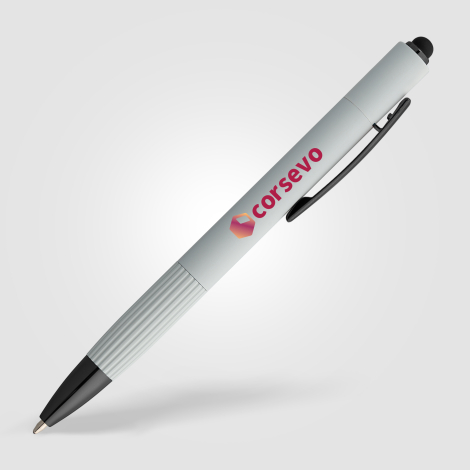 Stylo blanc publicitaire vu de face avec marquage quadri visible. Stylo blanc publicitaire vu de face avec marquage quadri visible.