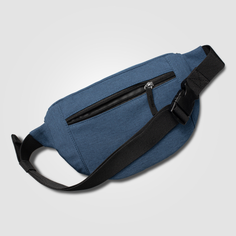 Sac banane bleue vue de dos avec poche arrière fermée Sac banane bleue vue de dos avec poche arrière fermée
