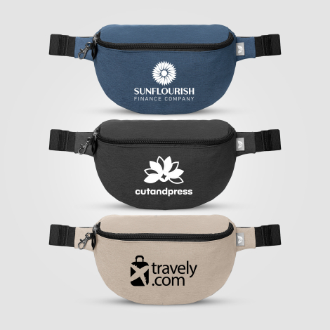 Trois sacs bananes avec marquage sérigraphie sur l’avant Trois sacs bananes avec marquage sérigraphie sur l’avant