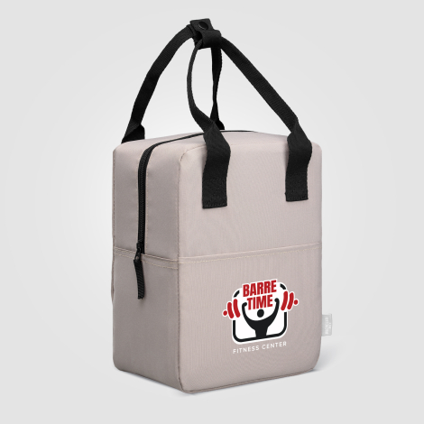 Sac isotherme beige de côté avec marquage visible à l’avant Sac isotherme beige de côté avec marquage visible à l’avant