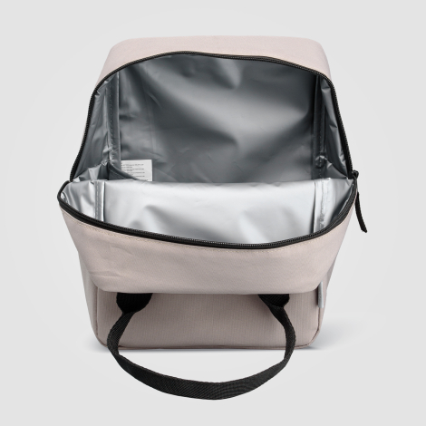 Sac isotherme beige ouvert, doublure intérieure visible Sac isotherme beige ouvert, doublure intérieure visible