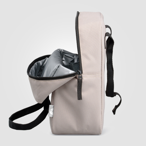 Sac isotherme beige de profil ouvert avec doublure visible Sac isotherme beige de profil ouvert avec doublure visible