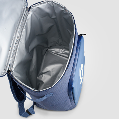 Sac à dos isotherme bleu vu du dessus, intérieur visible Sac à dos isotherme bleu vu du dessus, intérieur visible