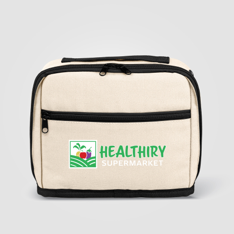 Trousse beige publicitaire vue de face, marquage quadri apparent Trousse beige publicitaire vue de face, marquage quadri apparent