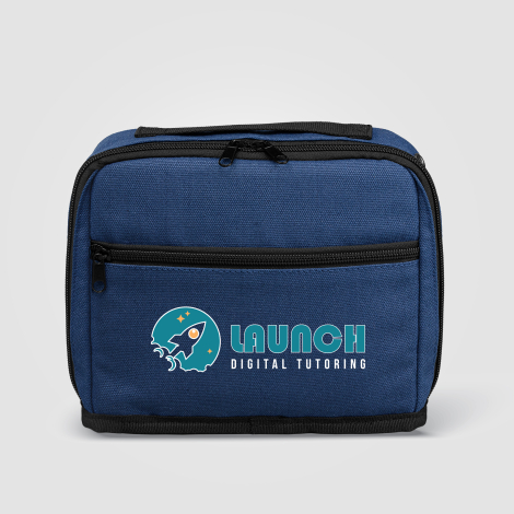 Trousse bleue publicitaire vue de face, marquage quadri apparent Trousse bleue publicitaire vue de face, marquage quadri apparent