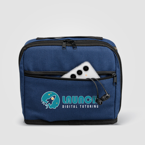 Trousse bleue avec téléphone dépassant de la poche avant, marquage quadri visible Trousse bleue avec téléphone dépassant de la poche avant, marquage quadri visible