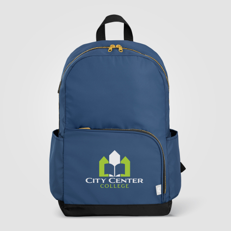 Sac à dos bleu publicitaire avec marquage visible sur la poche avant Sac à dos bleu publicitaire avec marquage visible sur la poche avant