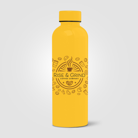 Bouteille jaune brillante avec marquage quadri tout autour Bouteille jaune brillante avec marquage quadri tout autour