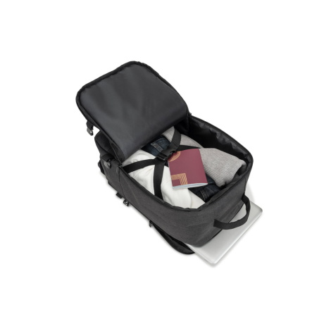 Intérieur du sac à dos ouvert laissant apparaître un compartiment principal avec sangles de maintien et objets rangés ; sans mar