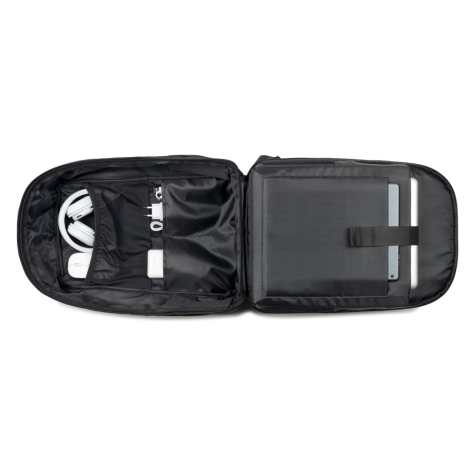 Vue intérieure du sac ouverte présentant les compartiments et poches destinées aux accessoires et à l’ordinateur ; aucune person