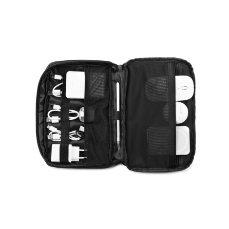 Vue intérieure du sac ouverte présentant des compartiments et élastiques de maintien pour accessoires électroniques ; sans marqu