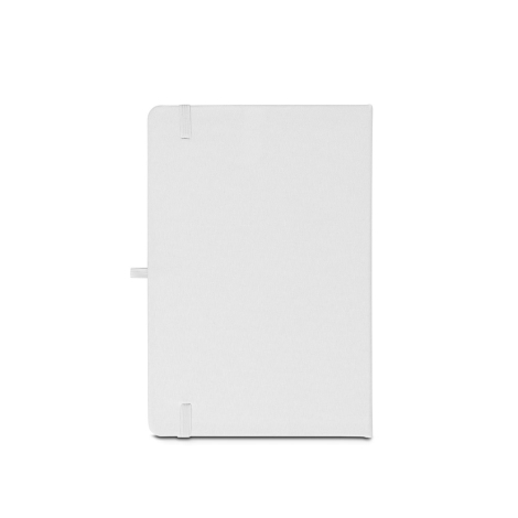 Vue arrière du carnet blanc avec passant pour stylo et élastique de maintien ; aucune personnalisation apparente.