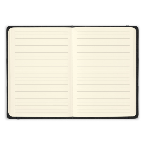 Carnet ouvert présentant des pages lignées ivoire et un ruban marque-page central ; sans marquage visible.