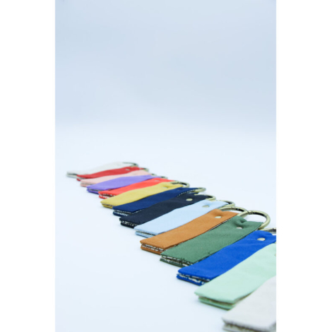 Série de porte-clés multicolores alignés en diagonale sur fond clair, anneaux dorés visibles.