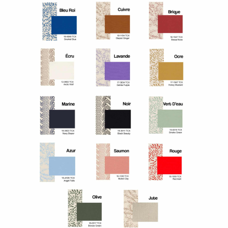 Nuancier de tissus et doublures assorties présentant plusieurs teintes et motifs