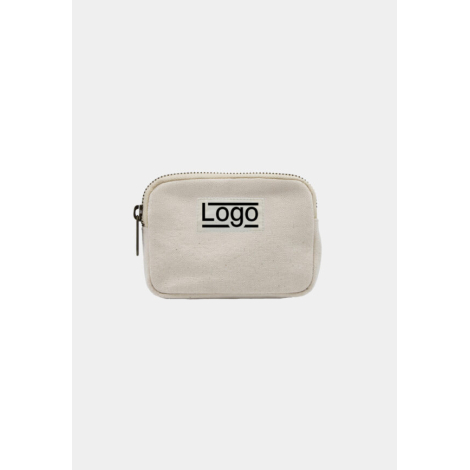 Petite trousse beige avec zip supérieur et étiquette centrée, marquage face avant.