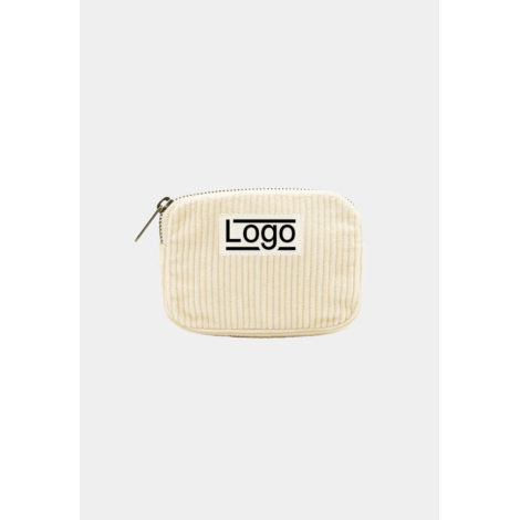 Porte monnaie velours écru avec zip supérieur et étiquette centrée, marquage face avant.