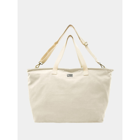 Sac week-end écru avec anses écrues et bandoulière ajustable, marquage centré.