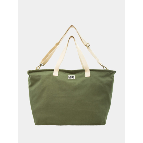 Sac week-end olive avec anses écrues et bandoulière ajustable, marquage centré.