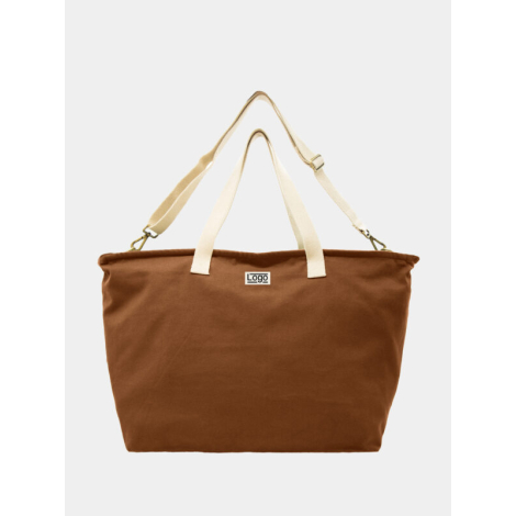 Sac week-end cuivre avec anses écrues et bandoulière ajustable, marquage centré.