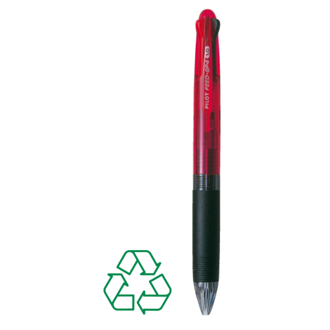 Stylo 4 couleurs rouge translucide de face avec grip noir