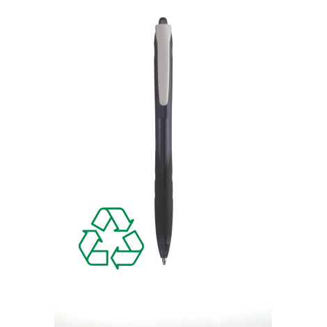 Stylo gris foncé translucide de face avec grip noir et clip gris